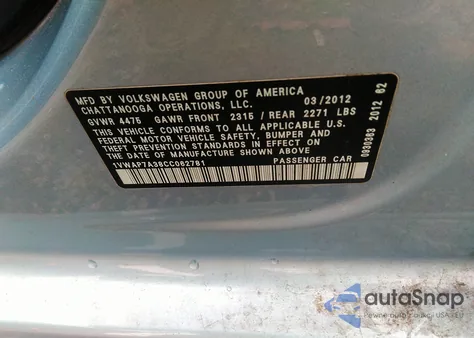 2012 Volkswagen Passat 2.5L S из США, поврежденный, VIN 1VWAP7A38CC062781